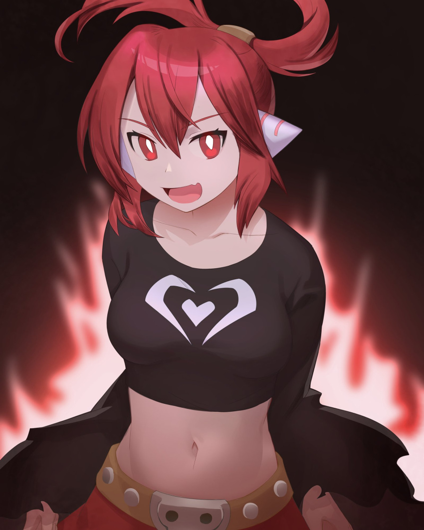 100_percent_orange_juice belt black_shirt breasts brown_belt cheshikk collarbone fire flame heart heart_print highres kae_(suguri) long_sleeves medium_breasts midriff red_eyes red_hair red_skirt robot_ears shirt skirt skull_belt stance suguri wide_sleeves