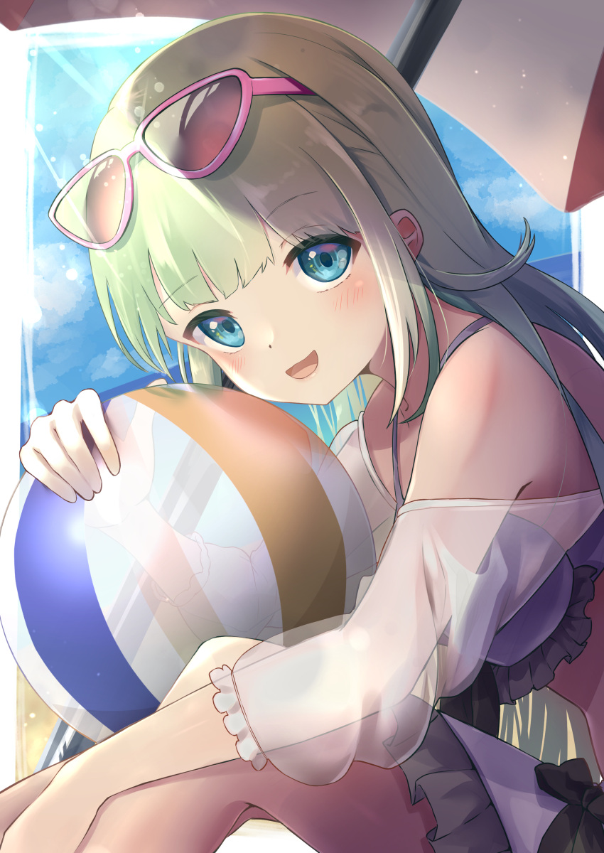 1girl :d absurdres ball bare_shoulders beach_umbrella beachball bikini blue_eyes blue_sky breasts cattleya_regina_games cloud cloudy_sky commentary day eyewear_on_head feet_out_of_frame frilled_bikini frills green_hair hanabusa_lisa hand_up highres hilamaru knees_up leaning_forward long_hair long_sleeves looking_at_viewer medium_breasts pink-framed_eyewear puffy_long_sleeves puffy_sleeves purple_bikini see-through sky smile solo sunglasses swimsuit umbrella very_long_hair virtual_youtuber vspo!