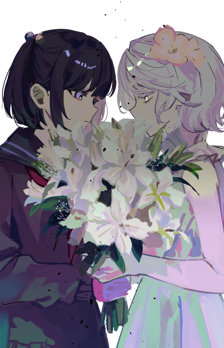 2girls absurdres amemori_sayo black_hair black_serafuku black_sweater bouquet closed_mouth colored_eyelashes commentary_request dress expressionless face-to-face flower from_side hair_flower hair_ornament half-closed_eyes highres holding holding_bouquet kitou_saji kudou_chitose long_sleeves looking_at_another multiple_girls neckerchief nijisanji one_side_up pink_flower profile purple_eyes red_neckerchief school_uniform serafuku short_hair simple_background sleeveless sleeveless_dress sweater thick_eyelashes upper_body virtual_youtuber white_background white_dress white_hair white_lily