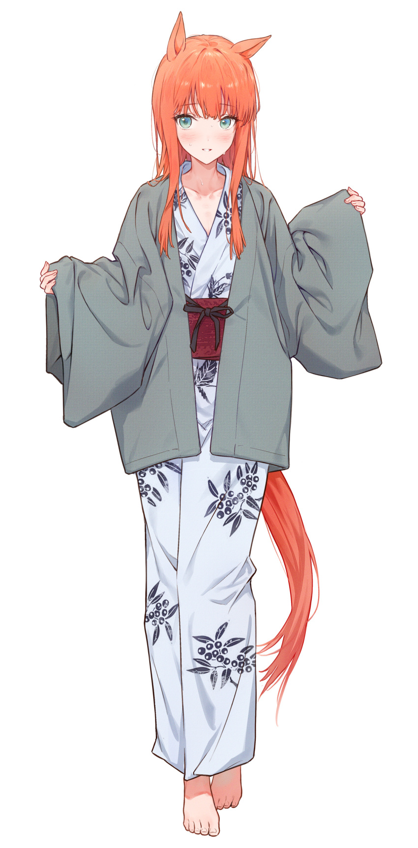 1girl absurdres animal_ears barefoot blue_kimono blunt_bangs blush green_eyes highres hime_cut horse_ears horse_girl horse_tail japanese_clothes kimono long_hair long_sleeves obi orange_hair print_kimono saboten sash silence_suzuka_(umamusume) sleeves_past_wrists smile solo standing tail umamusume wide_sleeves yukata