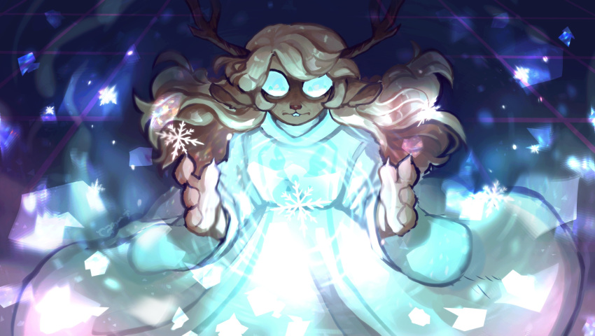 4_fingers absurd_res anthro antlers blonde_hair breasts buckteeth capreoline claws clothing cold deer delta_rune_(emblem) deltarune doe_with_antlers dress elemental_manipulation empty_eyes female fingers flowing_hair flowing_robes geometric_background grid_background grid_floor hair hi_res hooded_robe horn ice_manipulation iridescent light magic_user mammal noelle_holiday pattern_background platinum_blonde red_nose reindeer robe simple_background small_breasts snow snowflake snowgrave snowing solo sparkles symbol tanghaly teeth undertale undertale_(series) white_clothing white_dress white_robe wind