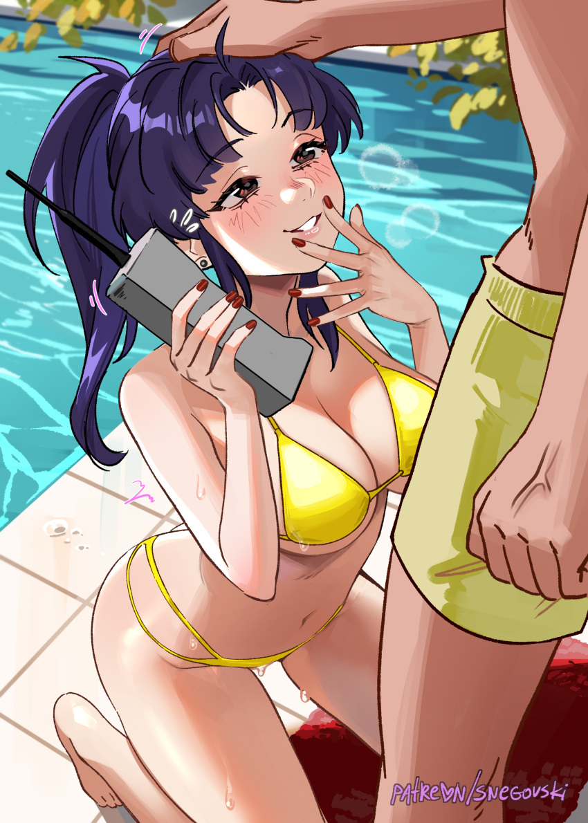 1boy 1girl absurdres bikini blush breasts cellphone cleavage earrings grin headpat highres jewelry katsuragi_misato kneeling large_breasts long_hair looking_at_another navel neon_genesis_evangelion outdoors parted_bangs patreon_username phone ponytail poolside purple_hair red_eyes red_nails smile snegovski swimsuit water yellow_bikini