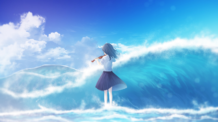 1girl absurdres blue_hair blue_skirt blue_sky cloud cloudy_sky facing_away floating_hair from_behind furi0831 highres holding holding_bow_(music) holding_instrument instrument legs_apart lens_flare long_hair long_skirt music ocean original playing_instrument pleated_skirt scenery sea_spray shirt short_sleeves skirt sky solo standing violin wading waves white_shirt