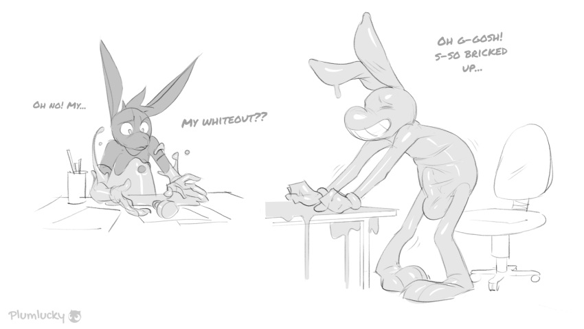 anthro art_supplies big_bulge bulge chair clothing desk featureless_face furniture gloves handwear lagomorph latex leporid male mammal monochrome plumlucky rabbit smile solo spilled_liquid symbiote table text toony transformation transformation_sequence whiteout