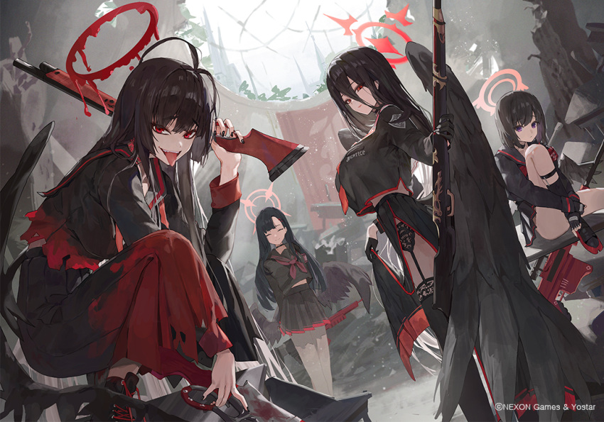 4girls black_gloves black_hair black_serafuku black_shirt black_skirt black_thighhighs black_wings blue_archive blush breasts choker closed_eyes crop_top crop_top_overhang feathered_wings garter_belt garter_straps gloves gun hair_between_eyes half_gloves halo hasumi_(blue_archive) huge_breasts ichika_(blue_archive) justice_task_force_(blue_archive) large_breasts long_hair long_skirt long_sleeves looking_at_viewer low_wings mashiro_(blue_archive) mole mole_under_eye multiple_girls neckerchief open_mouth pleated_skirt purple_eyes red_eyes red_neckerchief sailor_collar school_uniform serafuku serie_niai shirt short_hair side_slit skirt smile thighhighs thighs tongue tongue_out tsurugi_(blue_archive) very_long_hair weapon white_sailor_collar wings