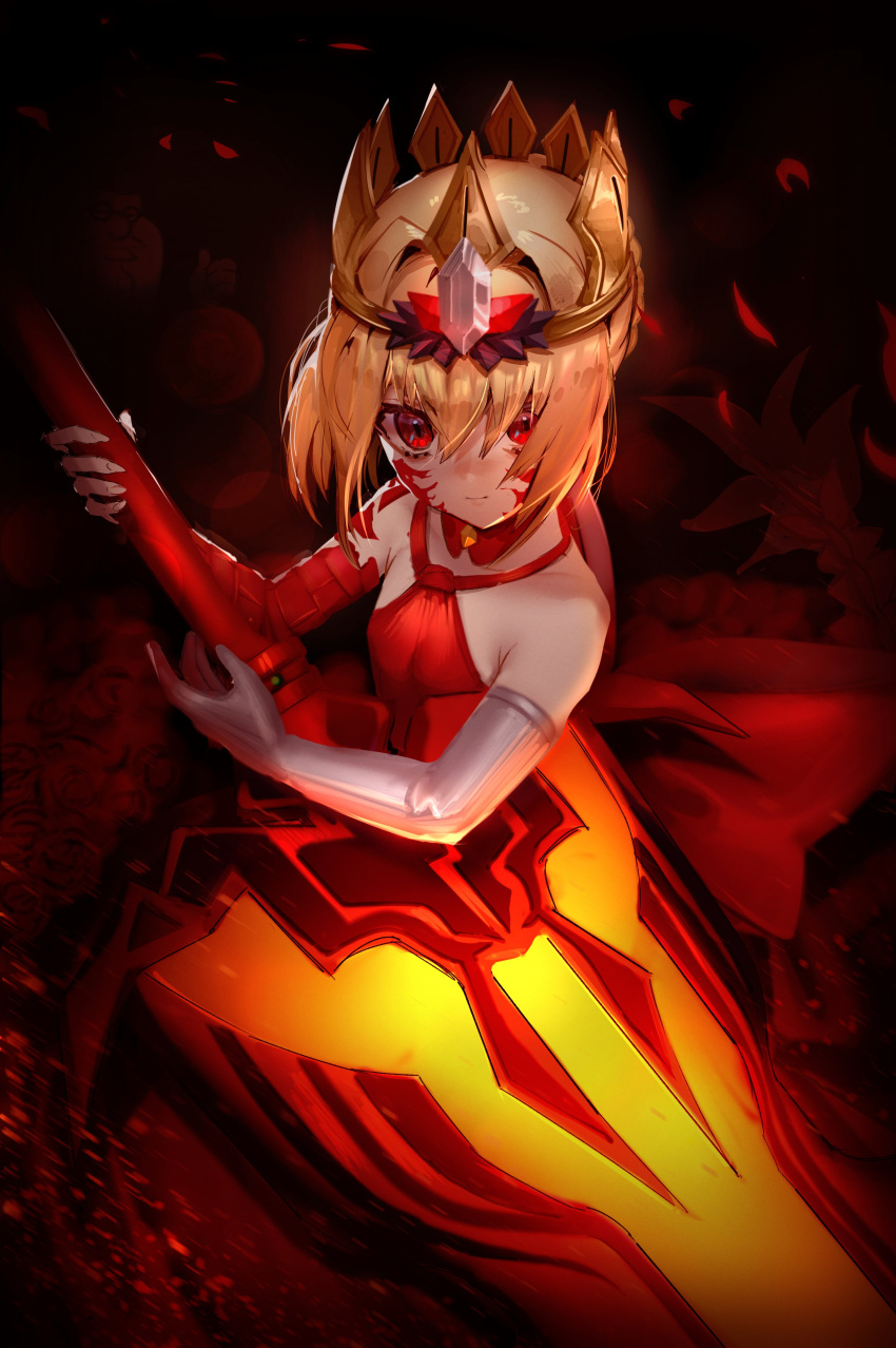 1boy 1girl absurdres blonde_hair crown dress elbow_gloves facial_mark family_guy fate/grand_order fate_(series) fighting_stance gloves highres holding holding_weapon kowai_(iamkowai) looking_at_viewer nero_claudius_(fate) peter_griffin queen_draco_(fate) red_dress red_eyes short_hair single_elbow_glove solo_focus thumbs_up weapon white_gloves