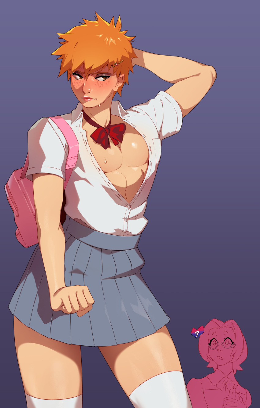 1boy 1girl absurdres arm_behind_head backpack bag bleach blush bow bowtie brown_eyes clenched_hand collared_shirt combos_&amp;_doodles crossdressing glasses grey_background grey_skirt highres honshou_chizuru kurosaki_ichigo orange_hair pectorals pink_bag pleated_skirt red_bow red_bowtie school_uniform shirt short_hair short_sleeves simple_background skirt solo_focus thighhighs white_shirt white_thighhighs