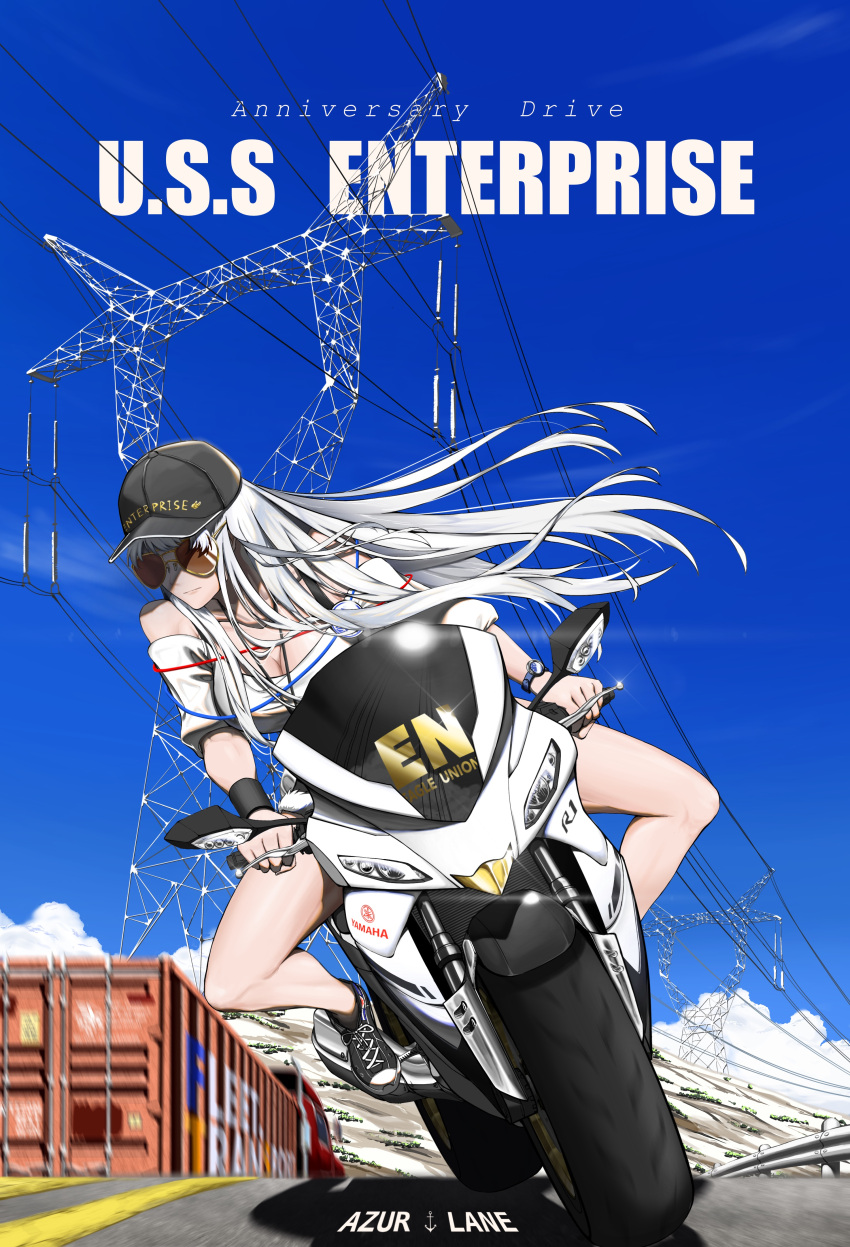 1girl absurdres azur_lane baseball_cap cloud driving english_text enterprise_(anniversary_ride)_(azur_lane) enterprise_(azur_lane) guard_rail hat highres jewelry kangkehuohuohuo leaning_to_the_side long_hair motor_vehicle motorcycle necklace off-shoulder_shirt off_shoulder official_alternate_costume on_motorcycle power_lines scenery semi_truck shipping_container shirt sky solo sunglasses transmission_tower truck white_hair