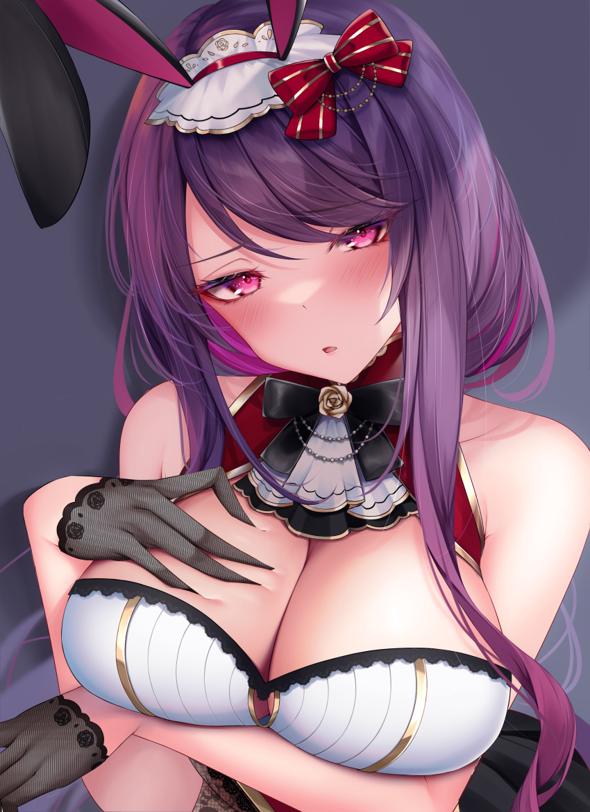 1girl absurdres animal_ears arm_under_breasts bangs bare_shoulders black_gloves blush breasts fake_animal_ears gloves gundou_mirei hair_ornament half_gloves hand_on_own_chest head_tilt highres large_breasts long_hair looking_at_viewer nijisanji parted_lips playboy_bunny purple_eyes purple_hair rabbit_ears rai_(newtype_xm-x1) sidelocks simple_background solo virtual_youtuber