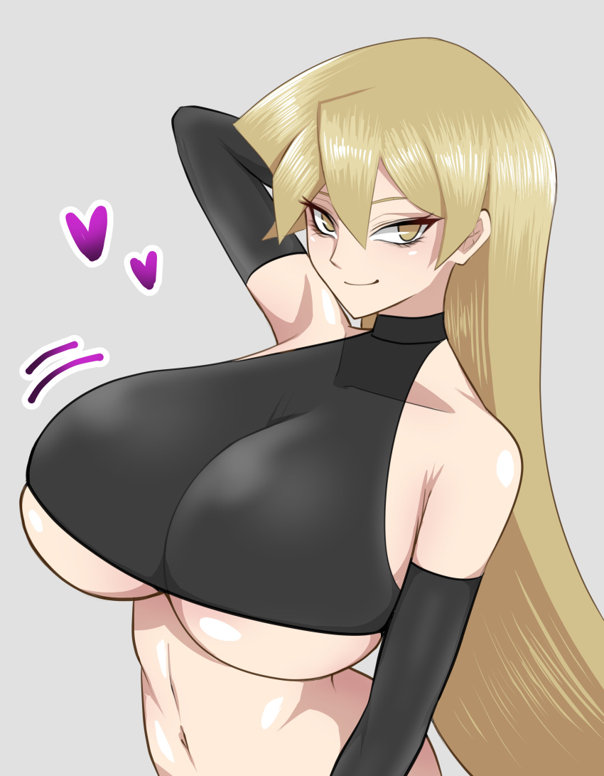 1girl absurdres ageage_893 arm_behind_head bare_shoulders blonde_hair breasts grey_background hair_between_eyes heart highres long_hair looking_at_viewer navel shadow simple_background smile solo tenjouin_asuka underboob upper_body yellow_eyes yu-gi-oh! yu-gi-oh!_gx