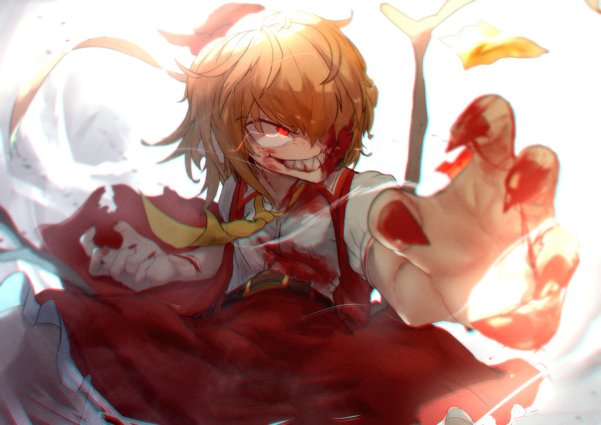 1girl absurdres blonde_hair blood blood_on_clothes blood_on_face blood_on_hands blood_on_teeth commentary crystal evil_grin evil_smile fighting_stance fingernails flandre_scarlet grin hair_over_one_eye hair_ribbon highres injury necktie open_clothes open_vest red_eyes red_skirt red_vest ribbon sharp_fingernails sharp_teeth shirt skirt skirt_set smile solo sotatsudraw teeth torn_clothes touhou vest white_shirt wings yellow_necktie