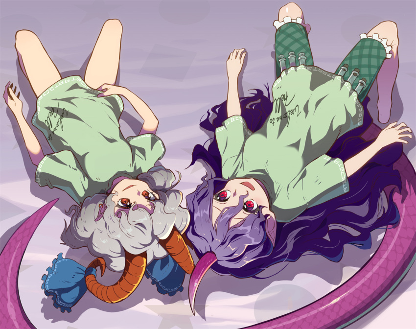 2girls bottomless cosplay green_shirt horn_ornament horn_ribbon horns long_hair lying multiple_girls naked_shirt on_back pointy_ears purple_hair red_eyes ribbon shirt single_horn syope syringe syringe_holster tail tenkajin_chiyari tenkajin_chiyari_(cosplay) touhou toutetsu_yuuma