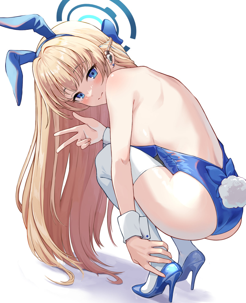 1girl animal_ears ass backless_leotard blonde_hair blue_archive blue_eyes blue_footwear breasts fake_animal_ears fake_tail halo high_heels highleg highleg_leotard highres leotard looking_at_viewer looking_to_the_side medium_breasts official_alternate_costume playboy_bunny rabbit_ears rabbit_tail sideboob simple_background solo squatting strapless strapless_leotard tail thighhighs toki_(blue_archive) toki_(bunny)_(blue_archive) w white_background white_thighhighs wrist_cuffs yeogpu_(seung832222)