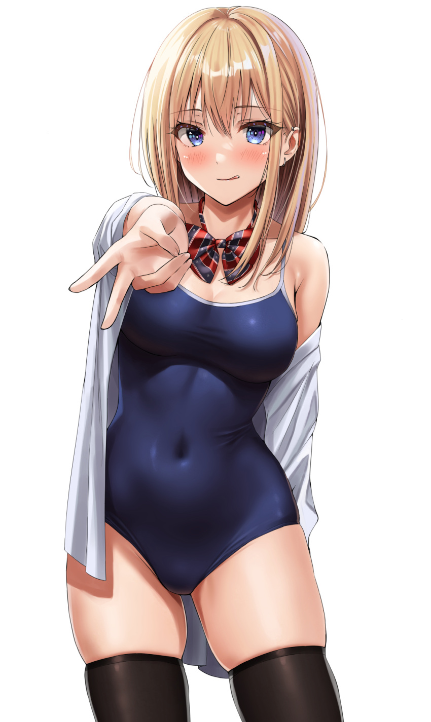 1girl black_thighhighs blonde_hair blue_eyes blush bow bowtie breasts covered_navel earrings gyaru highres jewelry kogal large_breasts long_hair looking_at_viewer one-piece_swimsuit original school_swimsuit simple_background solo swimsuit thighhighs tongue tongue_out undressing v white_background yukemuriganmo