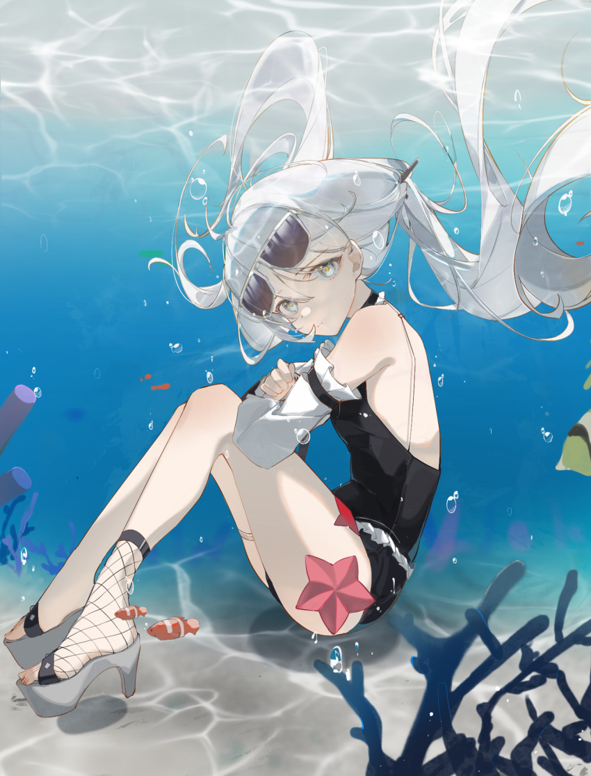 1girl black_one-piece_swimsuit clownfish detached_sleeves eyewear_on_head fish fishnet_footwear grey_eyes grey_hair high_heels highres kylin_47 long_hair looking_at_viewer no.21_(punishing:_gray_raven) one-piece_swimsuit punishing:_gray_raven starfish sunglasses swimsuit twintails underwater white_sleeves yellow_pupils