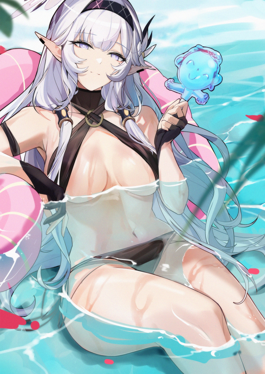 1girl absurdres bare_shoulders bikini black_bikini black_gloves black_hairband blue_archive breasts changpan_hutao cleavage closed_mouth feet_out_of_frame flower food gloves grey_hair hair_flower hair_ornament hairband highres himari_(blue_archive) holding holding_food large_breasts long_hair looking_at_viewer mole mole_under_eye navel partially_fingerless_gloves partially_submerged petals pointy_ears popsicle sitting smile solo swimsuit very_long_hair water white_flower