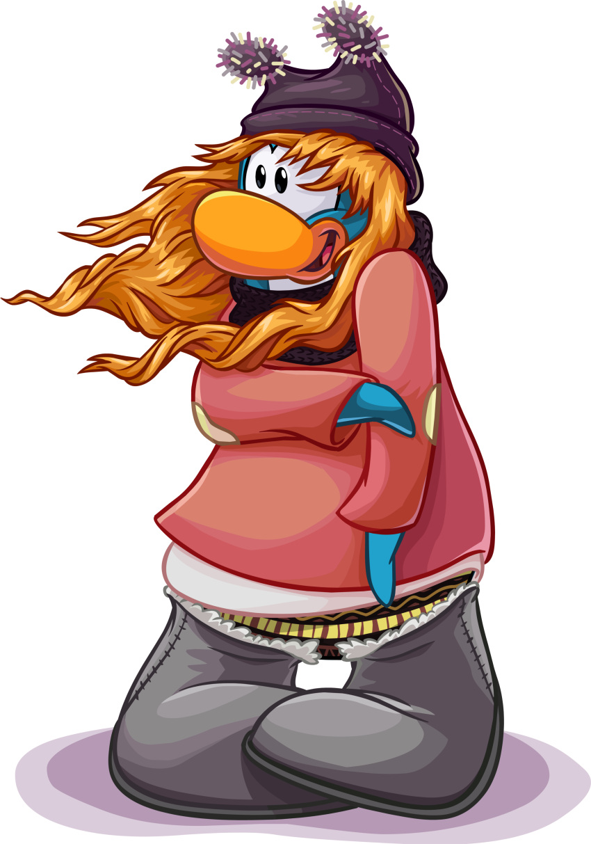 absurd_res avian beanie bird black_clothing black_headwear boots brown_scarf clothing club_penguin female footwear full-length_portrait grey_clothing grey_footwear hair hat headgear headwear hi_res long_hair looking_aside official_art open_mouth orange_hair penguin pink_clothing pink_shirt pink_topwear portrait scarf shirt solo topwear unknown_artist