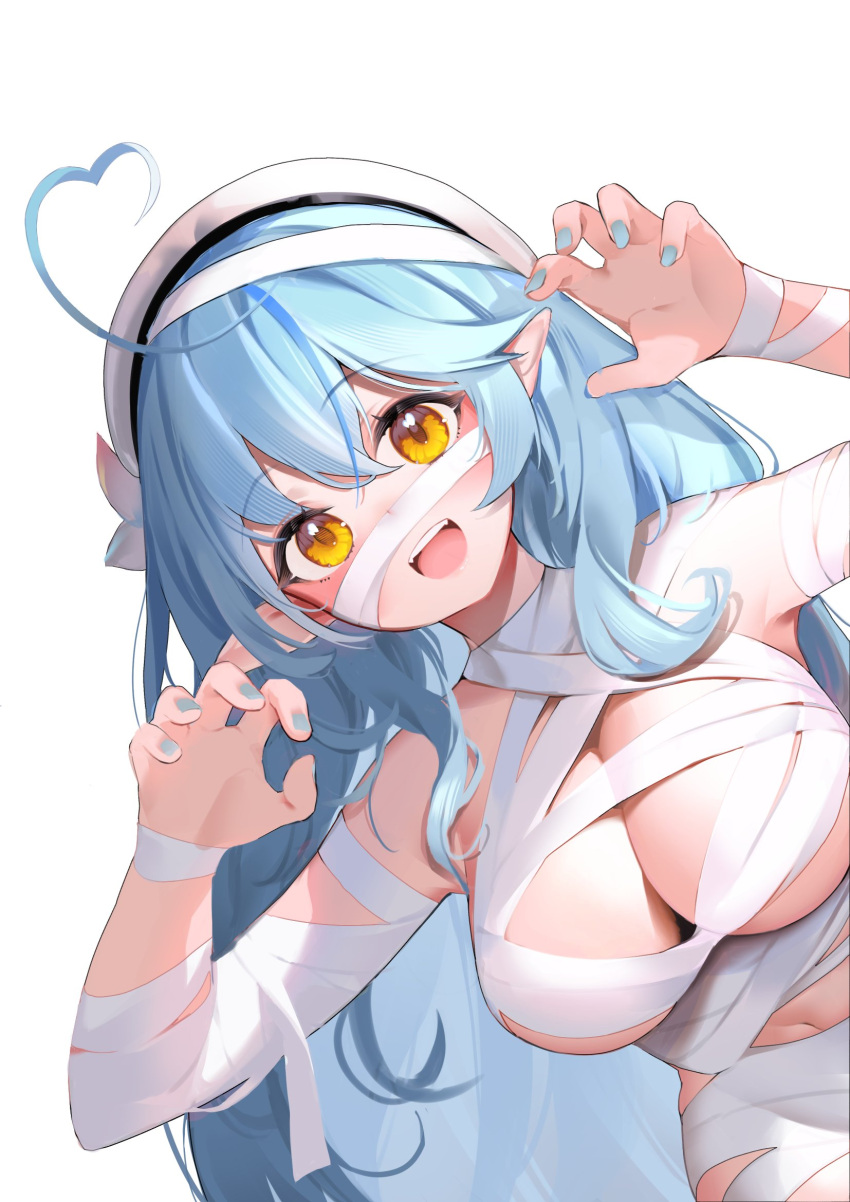 1girl ahoge bandages beret blue_hair blue_nails breasts claw_pose dokkumaa hat heart heart_ahoge highres hololive large_breasts long_hair mummy_costume pointy_ears virtual_youtuber yellow_eyes yukihana_lamy