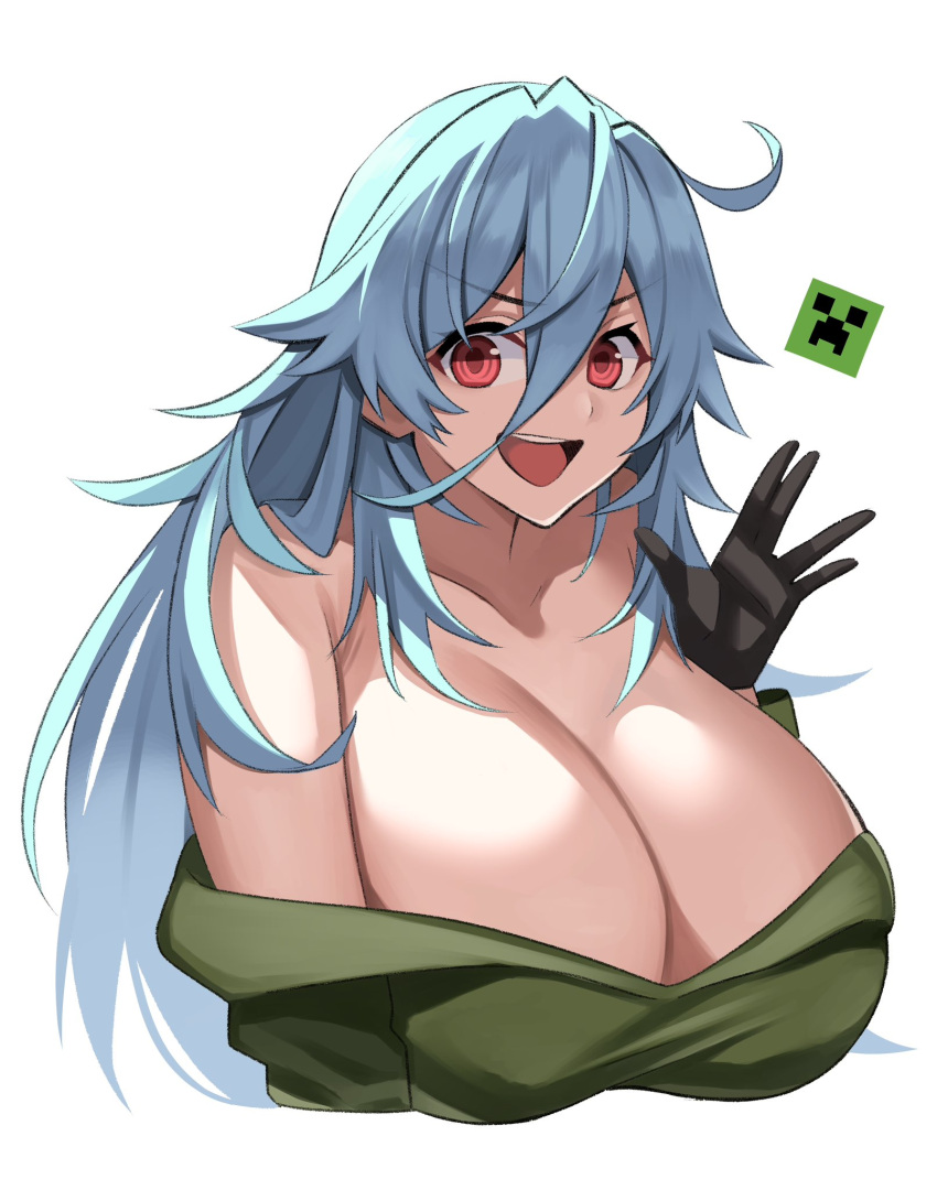 1girl :d bare_shoulders blue_hair blush breasts charged_creeper cleavage commentary_request commission creeparka creeper cupa_(at2.) electricity highres hood hoodie huge_breasts imuzi large_breasts long_hair long_sleeves looking_at_viewer minecraft open_mouth personification red_eyes simple_background skeb_commission smile solo torn_hoodie white_background
