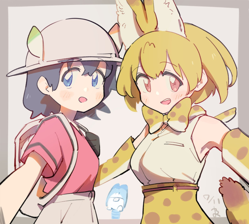 2girls animal_ears backpack bag bare_shoulders black_gloves black_hair blonde_hair blue_eyes blush bow bowtie cat_ears cat_girl cat_tail commentary_request elbow_gloves extra_ears gloves grey_shorts helmet high-waist_skirt highres kaban_(kemono_friends) kemono_friends lucky_beast_(kemono_friends) multiple_girls pith_helmet print_bow print_bowtie print_gloves print_skirt red_eyes red_shirt selfie serval_(kemono_friends) serval_print shirt short_hair short_sleeves shorts skirt sleeveless t-shirt tail upper_body wamawmwm white_shirt