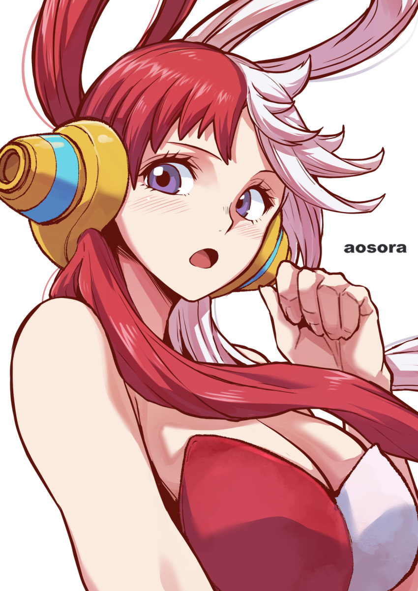 1girl :o alternate_costume aosora2823 artist_name asymmetrical_bangs bare_shoulders behind-the-head_headphones blush breasts cleavage commentary from_side hair_rings headphones highres large_breasts leotard long_hair looking_at_viewer low_twintails multicolored_hair one_piece open_mouth purple_eyes red_leotard simple_background solo split-color_hair strapless strapless_leotard twintails two-tone_hair two-tone_leotard upper_body uta_(one_piece) white_background white_leotard