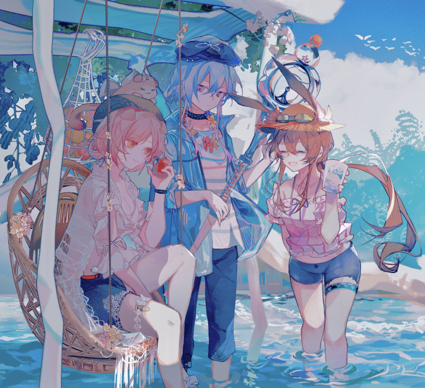 1boy 2girls :d absurdres amiya_(arknights) animal_ears animal_on_head apple arknights arm_garter bikini bikini_top_only black_headwear blue_hair blue_headwear blue_jacket blue_pants blue_shorts blush breasts brown_hair cat cat_ears cat_on_head cleavage closed_eyes closed_mouth collarbone commentary_request cup female_tourist_a_(arknights) floating_hair flower flower_wreath food fruit goldenglow_(arknights) goldenglow_(summer_flowers)_(arknights) gradient_hair hat highres holding holding_cup holding_food holding_fruit holding_staff infection_monitor_(arknights) jacket large_breasts light_smile long_hair looking_at_another mizuki_(arknights) mizuki_(summer_feast)_(arknights) multicolored_hair multiple_girls net on_head open_clothes open_jacket open_mouth orange_eyes pants pink_eyes pink_flower pink_hair pink_shirt ponytail rabbit_ears ripples shirt short_hair short_hair_with_long_locks shorts smile staff striped striped_shirt swimsuit swing vcet wading water white_bikini white_jacket white_shirt