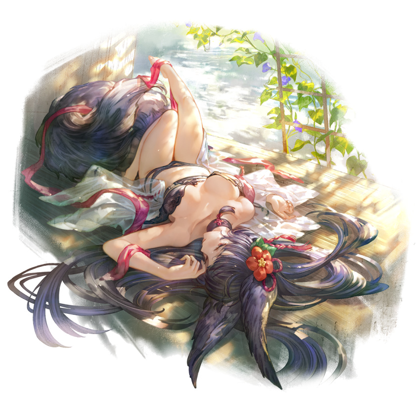1girl animal_ears barefoot breasts collarbone erune flower fox_ears full_body granblue_fantasy hair_flower hair_ornament large_breasts long_hair looking_at_viewer lying minaba_hideo navel official_art on_back plant purple_flower red_eyes red_flower solo tail transparent_background vines wooden_floor yuel_(granblue_fantasy)