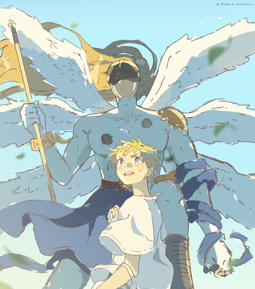 2boys angel angel_wings angemon belt blonde_hair blue_eyes blue_sky blush digimon digimon_(creature) digimon_adventure_02 highres multiple_boys open_mouth robo_nonagon sky staff takaishi_takeru teeth upper_teeth_only wings