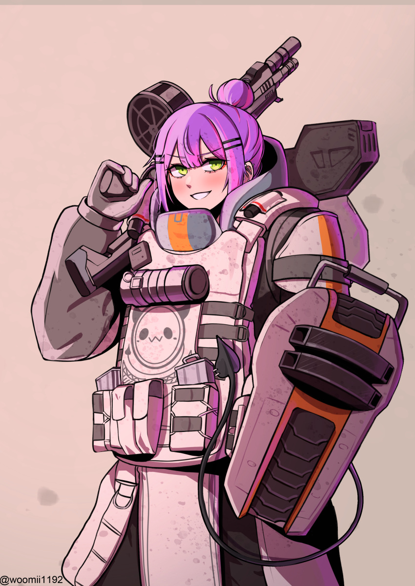 1girl absurdres apex_legends arm_shield bibi_(tokoyami_towa) blush brown_background cosplay eva-8_shotgun gibraltar_(apex_legends) gibraltar_(apex_legends)_(cosplay) green_eyes gun hair_behind_ear hair_bun highres holding holding_gun holding_weapon hololive magazine_(weapon) mammemmi multicolored_hair over_shoulder parted_lips pink_hair pouch purple_hair shotgun single_hair_bun solo streaked_hair tokoyami_towa twitter_username v-shaped_eyebrows virtual_youtuber weapon weapon_over_shoulder
