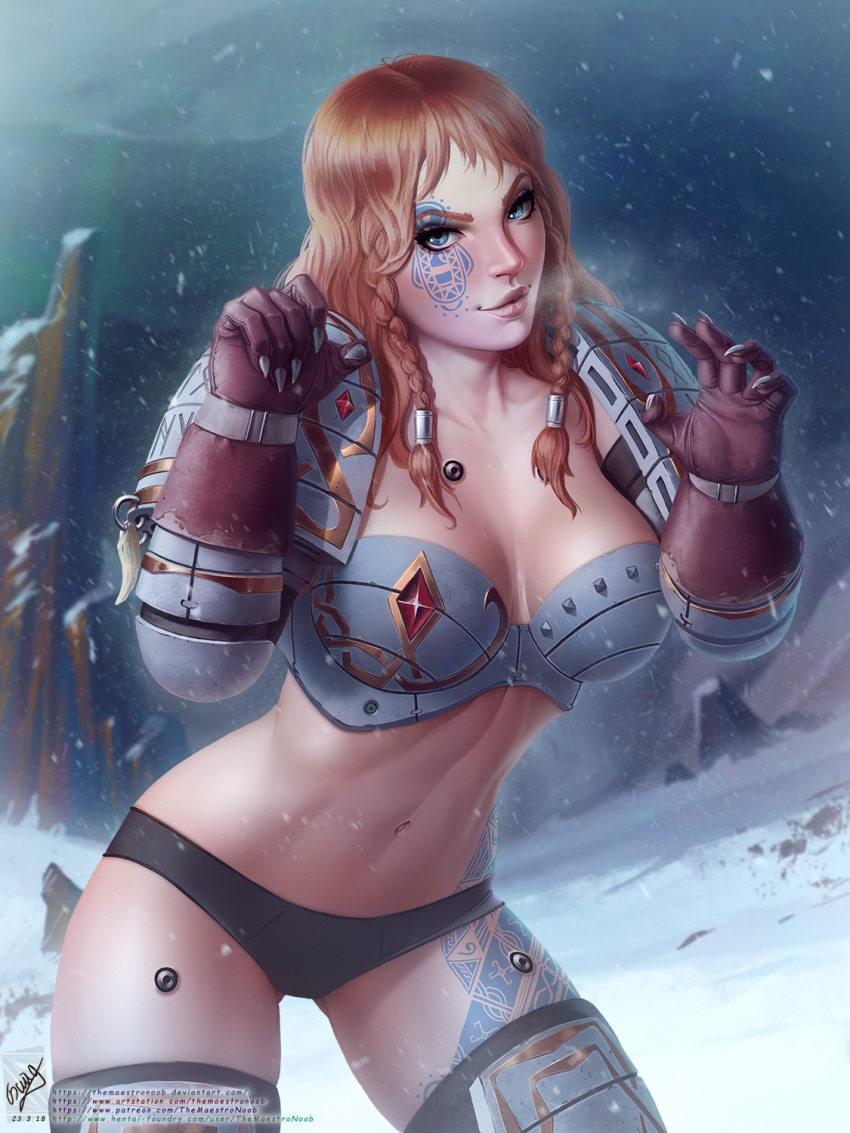 1girl adeptus_astartes armor armored_boots bikini_armor blue_eyes boots braid breasts brown_gloves brown_hair claws cleavage commentary english_commentary facial_tattoo gloves highres lips long_hair looking_at_viewer navel outdoors pauldrons realistic shoulder_armor smile snow snowing solo space_marine space_wolves stomach tattoo themaestronoob thigh_boots warhammer_40k