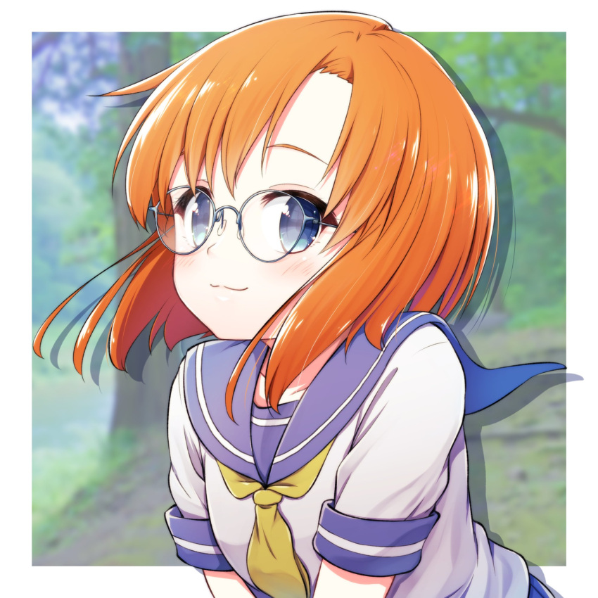 1girl :3 bespectacled blue_eyes blue_sailor_collar blurry blurry_background border closed_mouth collarbone commentary day glasses grass grey-framed_eyewear hazumi_otoya highres higurashi_no_naku_koro_ni light_blush looking_at_viewer medium_hair nature neckerchief orange_hair outdoors outside_border parted_hair round_eyewear ryuuguu_rena sailor_collar school_uniform serafuku short_sleeves sideways_glance single_stripe sleeve_cuffs smile solo striped tree upper_body wavy_mouth white_border white_serafuku white_stripes wispy_bangs yellow_neckerchief