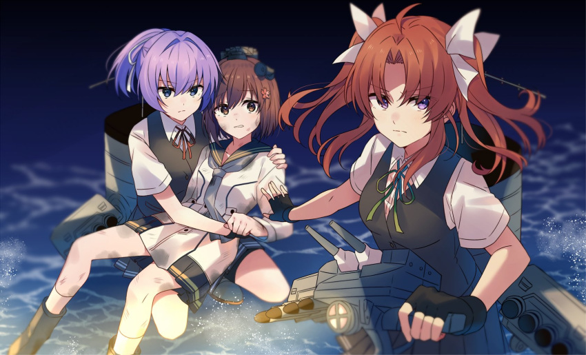 3girls black_gloves black_sailor_collar black_skirt black_vest blue_eyes brown_eyes brown_hair closed_mouth dress fingerless_gloves flower gloves green_ribbon grey_neckerchief hair_flower hair_ornament hair_ribbon highres kagerou_(kancolle) kagerou_kai_ni_(kancolle) kantai_collection long_hair machinery multiple_girls neck_ribbon neckerchief open_mouth pink_hair pleated_skirt ponytail purple_eyes red_ribbon ribbon rigging rudder_footwear sailor_collar sailor_dress serious shiranui_(kancolle) shiranui_kai_ni_(kancolle) short_hair short_sleeves skirt smokestack socks turret twintails vest water white_dress white_flower white_ribbon white_socks yukichi_(eikichi) yukikaze_(kancolle) yukikaze_kai_ni_(kancolle)