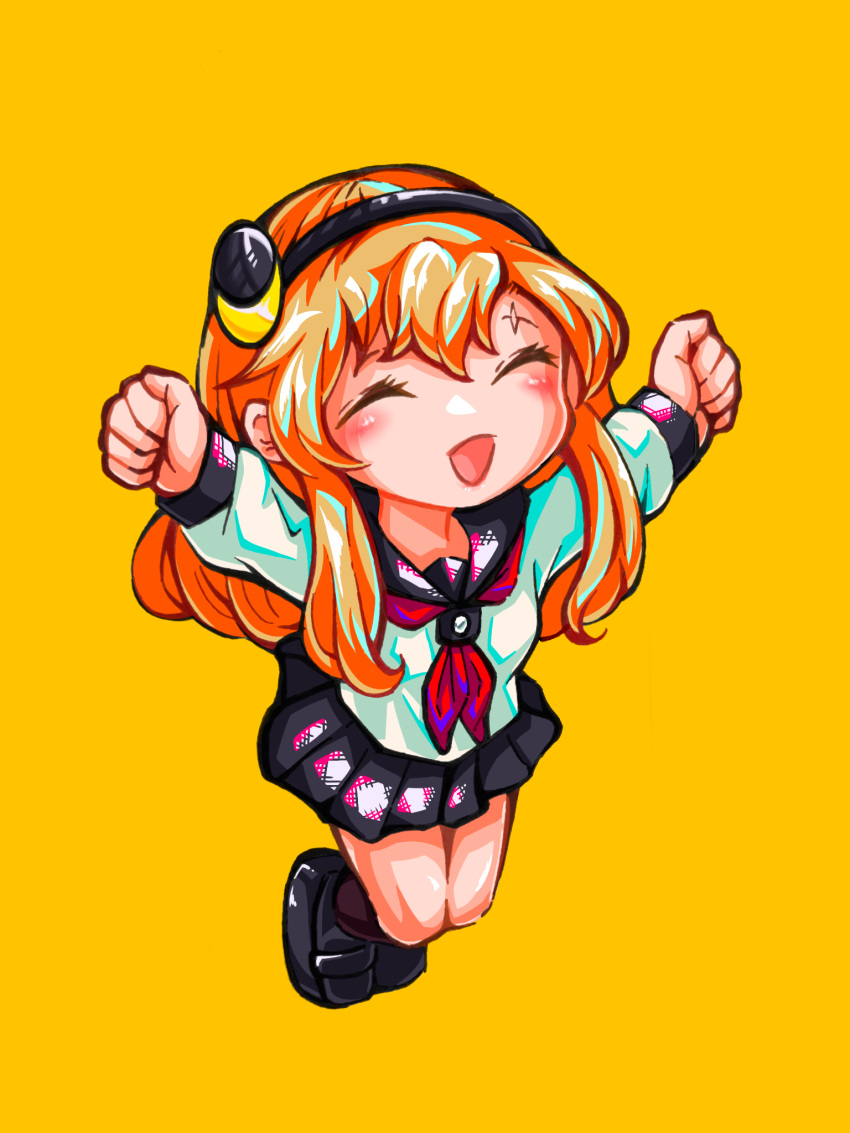 1girl :d arms_up aygoftenover black_footwear black_sailor_collar black_skirt blush chibi clenched_hands happy highres kneehighs koishikawa_iko long_hair long_sleeves neckerchief open_mouth orange_hair pleated_skirt red_neckerchief sailor_collar shirt shy_(series) simple_background skirt smile socks solo white_shirt yellow_background
