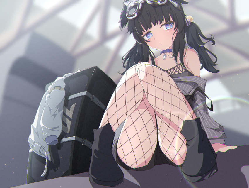 1girl absurdres animal_ears black_footwear black_hair black_shorts blue_archive box collar dog_ears dog_girl dog_tags dog_tail eyewear_on_head fishnet_pantyhose fishnets goggles goggles_on_head hibiki_(blue_archive) highres jacket knees_up pantyhose pino_suke purple_eyes shorts sitting solo tail white_jacket