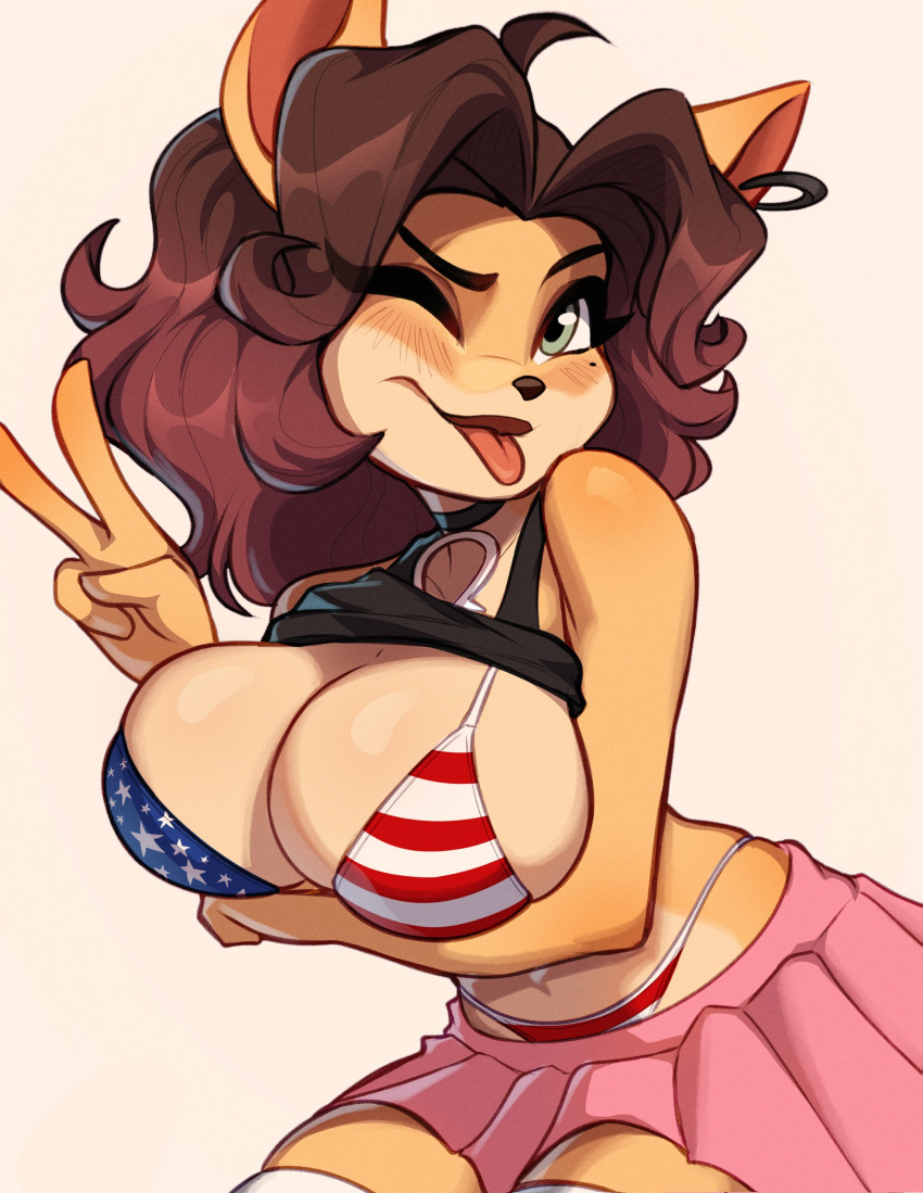 2023 4_fingers 4th_of_july absurd_res activision alyssa_bandicoot_(oc) american_flag_bikini anthro arm_under_breasts bandicoot beauty_mark bent_over big_breasts bikini black_nose blep bottomwear breasts brown_hair choker cleavage clothed clothing crash_bandicoot_(series) ear_piercing ear_ring eyebrows eyelashes fan_character female fingers flag_bikini fur gesture green_eyes hair hi_res jewelry legwear looking_at_viewer magaska19 mammal marsupial necklace one_eye_closed piercing pink_bottomwear pink_clothing pink_skirt ring_piercing short_hair skirt solo swimwear tan_body tan_fur tongue tongue_out v_sign wink