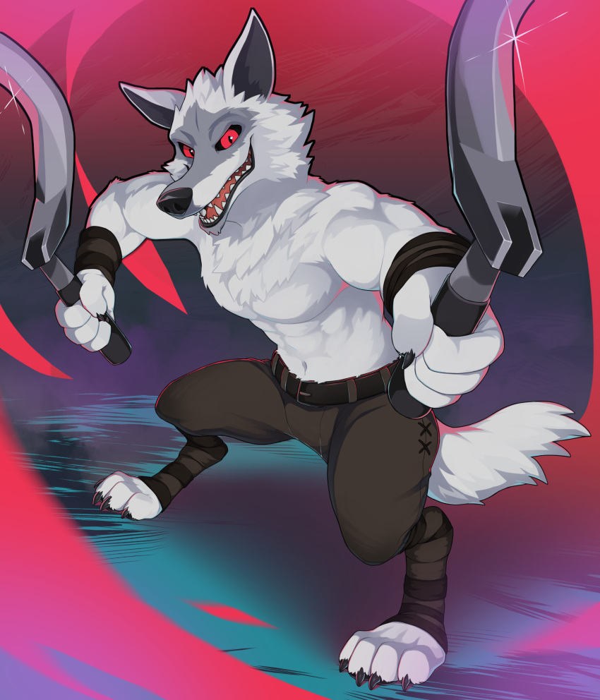 2023 4_fingers 4_toes absurd_res anthro belt bottomwear canid canine canis claws clothed clothing death_(puss_in_boots) dreamworks dual_wielding feet fingers glaring glaring_at_viewer hi_res holding_object holding_weapon huka looking_at_viewer male mammal melee_weapon open_mouth pants puss_in_boots_(film) puss_in_boots_the_last_wish red_eyes sharp_teeth sickle_sword solo teeth toe_claws toes topless topless_anthro topless_male weapon wolf