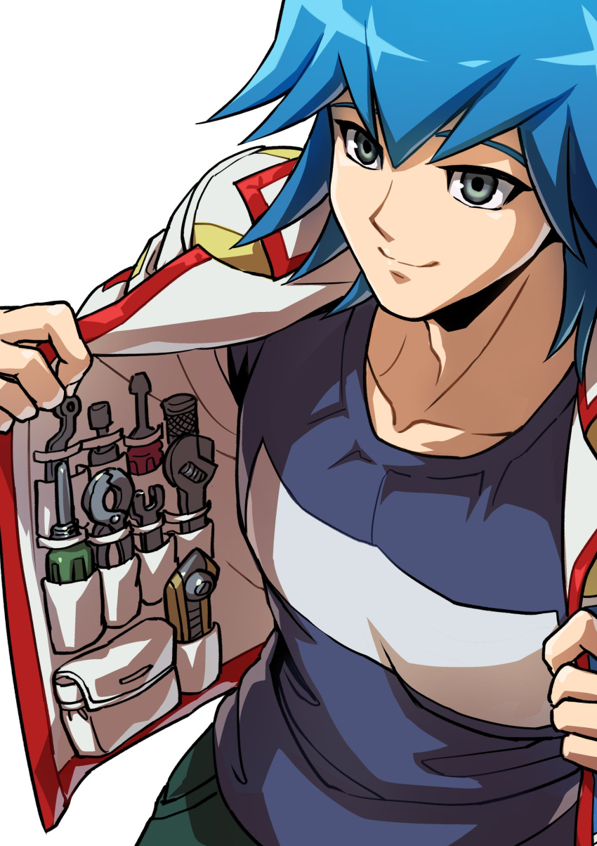 1boy absurdres blue_hair blue_shirt bruno_(yu-gi-oh!) clothes_pull collarbone commentary_request grey_eyes highres jacket looking_up male_focus open_clothes open_jacket pants shirt short_hair simple_background smile solo tools upper_body utility_vest white_background white_jacket youko-shima yu-gi-oh! yu-gi-oh!_5d's