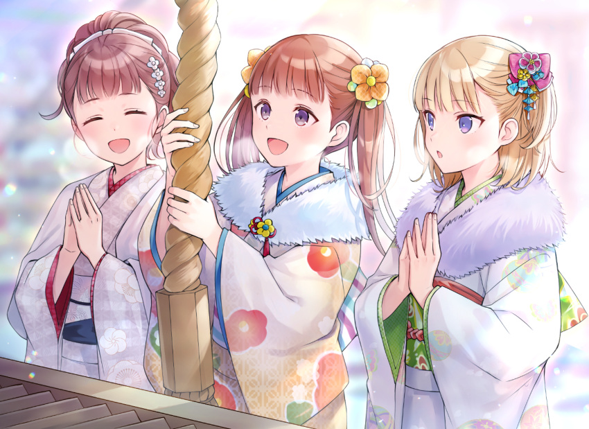 3girls :d ^_^ blonde_hair bow box breath brown_hair closed_eyes donation_box e_(eokiba) flower hair_bow hair_flower hair_ornament hatsumoude japanese_clothes kimono multiple_girls new_year original own_hands_together pink_bow praying purple_eyes smile twintails