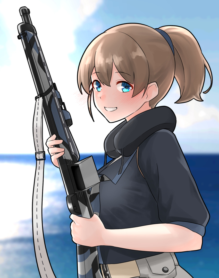 1girl belt_pouch black_shirt blue_eyes blue_sky bolt_action brown_hair cloud commentary_request day furaggu_(frag_0416) gun highres holding holding_gun holding_weapon intrepid_(kancolle) kantai_collection m1903_springfield multicolored_neckerchief neck_pillow outdoors parted_lips partial_commentary ponytail pouch rifle shirt short_hair sky smile trigger_discipline weapon