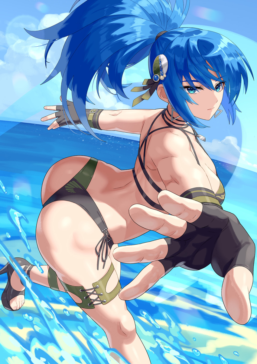 1girl ass beach bikini blue_eyes blue_hair breasts crossover earrings fingerless_gloves gloves hair_ornament highres jewelry large_breasts leona_heidern long_hair ponytail senran_kagura senran_kagura_new_link sky snk solo swimsuit the_king_of_fighters thigh_strap triangle_earrings twisted_torso two-tone_bikini water white_background yagi2013