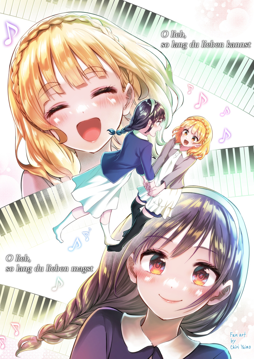 2girls :d absurdres aged_down artist_name black_hair black_thighhighs blonde_hair blue_jacket blue_shorts blush braid brown_eyes closed_eyes closed_mouth collared_dress crown_braid dress eye_contact facing_another german_text grey_jacket happy highres holding_hands jacket lips long_hair looking_at_another low-braided_long_hair medium_dress medium_hair multicolored_eyes multiple_girls multiple_views musical_note no_shoes piano_keys red_eyes shiraki_hime short_dress shorts shorts_under_dress single_braid smile socks standing standing_on_one_leg thick_eyebrows thighhighs translation_request watashi_no_yuri_wa_oshigoto_desu! white_background white_dress white_socks yano_mitsuki_(watayuri) yellow_eyes yuinochiri04 yuri