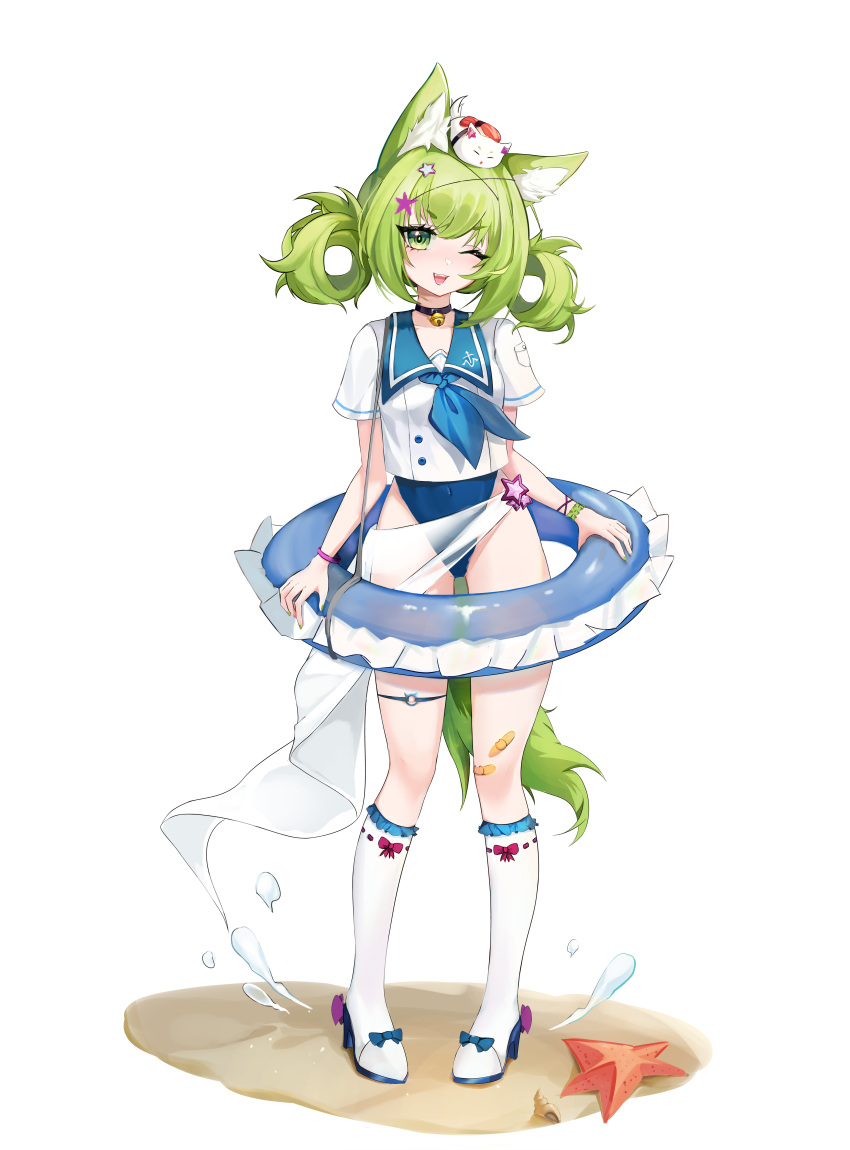 1girl absurdres animal_ear_fluff animal_ears azur_lane bell black_one-piece_swimsuit blue_neckerchief blue_sailor_collar bracelet covered_navel fox_ears fox_girl fox_tail full_body green_eyes green_hair hair_ornament hair_rings high_heels highres holding holding_innertube innertube isokaze_(azur_lane) jewelry looking_at_viewer neck_bell neckerchief one-piece_swimsuit one_eye_closed open_mouth sailor_collar sand shirt short_sleeves simple_background smile solo standing star_(symbol) star_hair_ornament swimsuit swimsuit_under_clothes tail user_xhxs8288 white_background white_footwear white_shirt