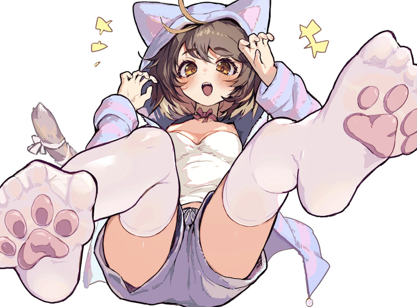 1girl animal_hood bow breasts brown_eyes cat_tail cleavage commentary_request commission fangs feet foreshortening full_body hair_between_eyes hands_up hood hooded_jacket indie_virtual_youtuber jacket legs long_sleeves medium_breasts medium_hair no_shoes open_mouth paw_pose paw_print_soles pink_bow pink_jacket purple_jacket purple_shorts shirt short_shorts shorts simple_background skeb_commission soles solo spread_toes striped striped_jacket swept_bangs tail thighhighs thighs toes white_background white_shirt white_thighhighs yoruhachi