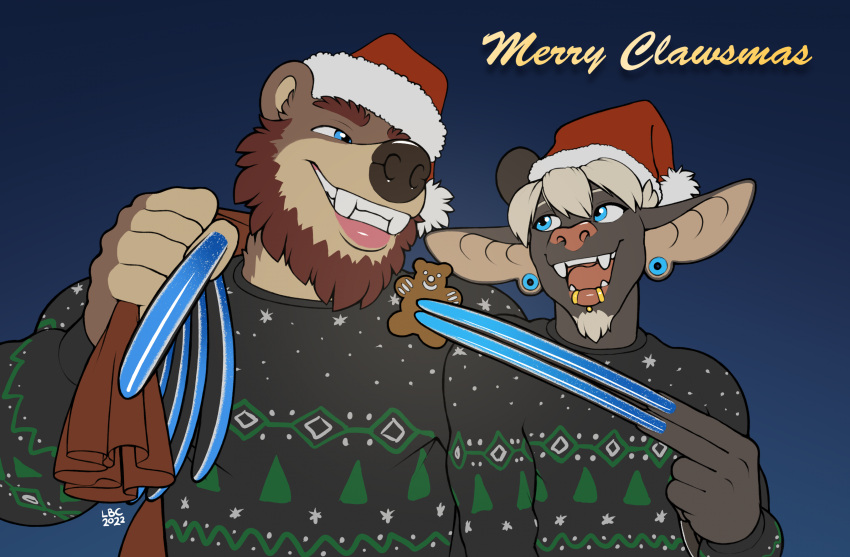 2022 absurd_res anthro bear christmas christmas_clothing christmas_headwear claws clothed clothing digital_media_(artwork) duo facial_hair fur hair hat headgear headwear hi_res holidays long_claws longblueclaw male mammal open_mouth santa_hat simple_background sweater teeth tongue topwear