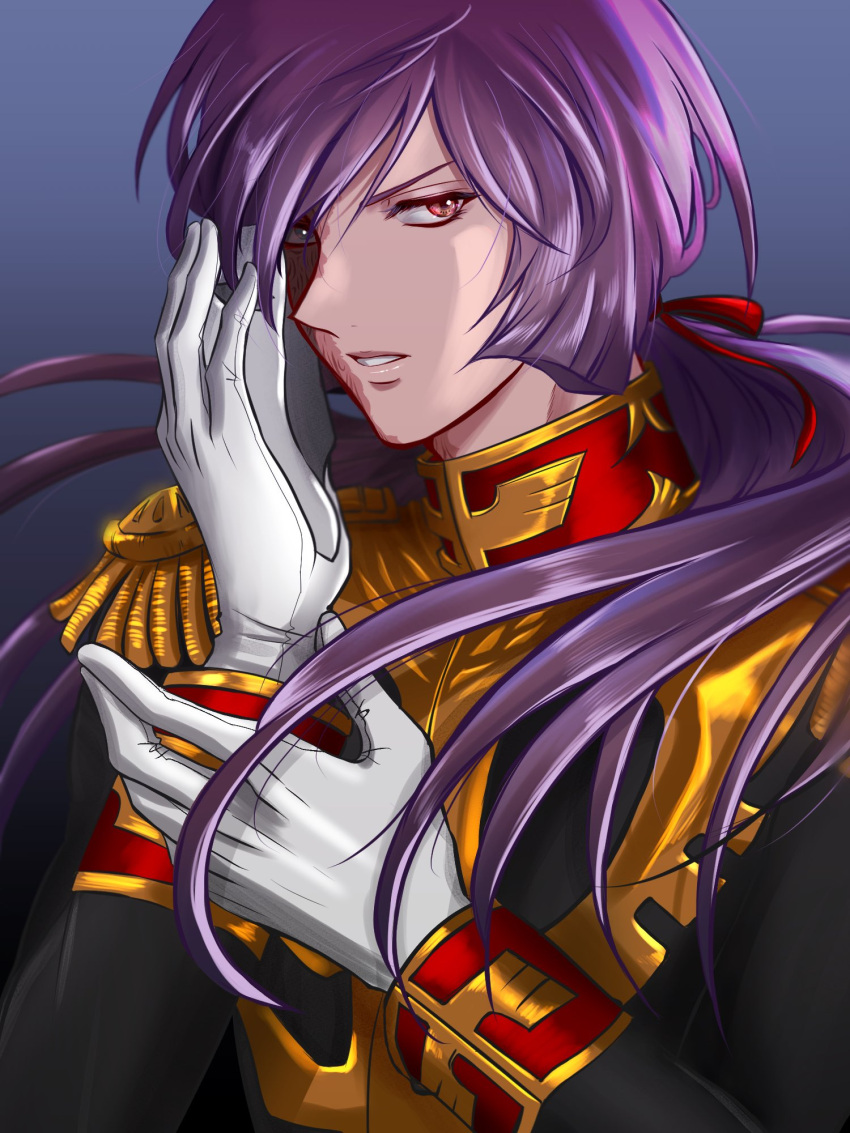 1boy burn_scar covering_one_eye epaulettes garma_zabi gloves grey_eyes gundam gundam_gihren_no_yabou hair_over_shoulder hair_ribbon hand_on_own_face heterochromia high_collar highres long_hair looking_at_viewer low_ponytail male_focus military_uniform mobile_suit_gundam purple_hair red_eyes red_ribbon ribbon scar sideways_glance solo uniform white_gloves yuu_(u1989080)