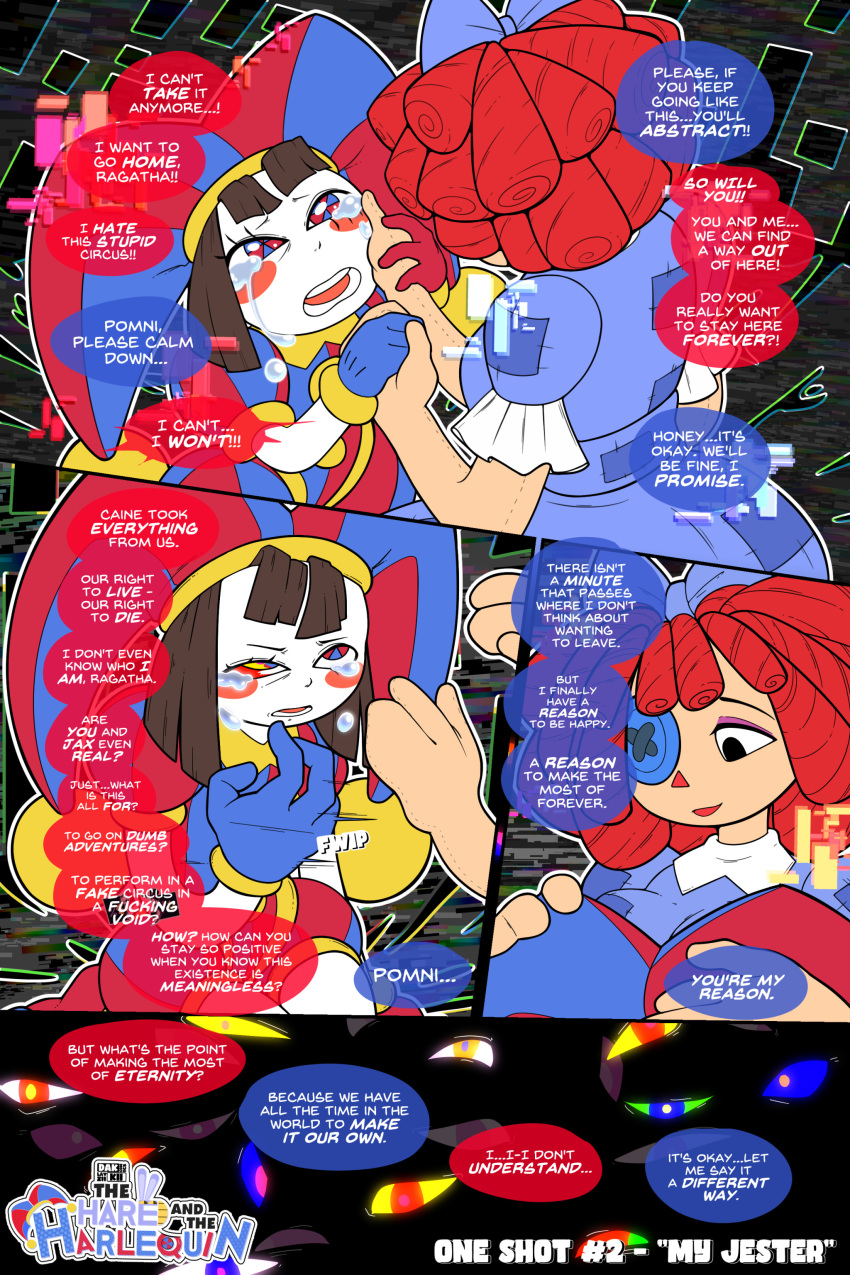 absurd_res bodily_fluids comfort comic dakkii dialogue duo female female/female glitch hi_res humanoid pomni_(the_amazing_digital_circus) ragatha_(the_amazing_digital_circus) speech_bubble tagme tears the_amazing_digital_circus