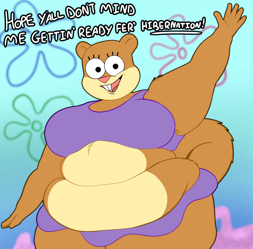 2023 absurd_res anthro belly_overhang bikini clothing english_text female gesture hi_res hibernation mammal morbidly_obese morbidly_obese_female nickelodeon obese obese_female overweight overweight_female puhba rodent sandy_cheeks sciurid solo spongebob_squarepants swimwear text tree_squirrel waving weight_gain