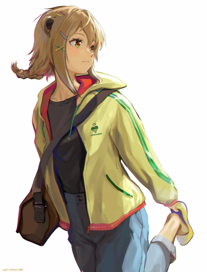 1girl absurdres adidas adjusting_footwear animal_ears bag bear_ears black_shirt blue_pants blush braid braided_ponytail breasts brown_bag brown_eyes brown_hair closed_mouth commentary expressionless foot_out_of_frame hair_ornament hairclip highres jacket konan_mia long_sleeves looking_afar looking_to_the_side medium_bangs medium_hair nanashi_inc. otobeya pants shirt shirt_tucked_in shoes sidelocks simple_background single_braid small_breasts solo virtual_youtuber white_background yellow_footwear yellow_jacket