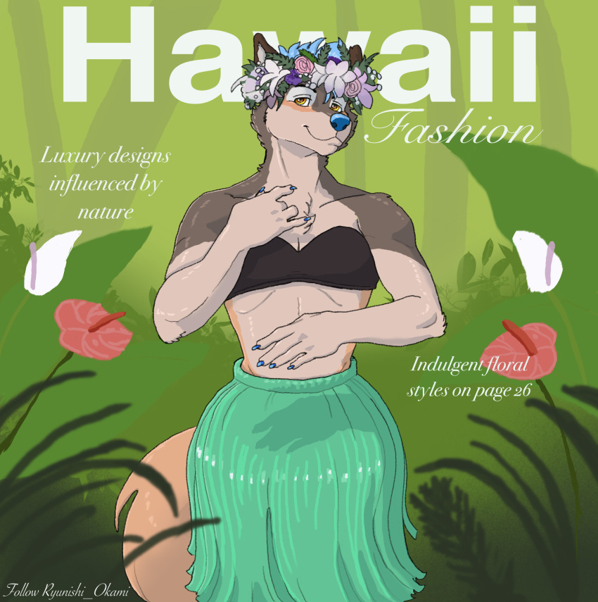 anthro bra canid canine canis clothing cover english_text eurasian_wolf floral_background flower_garland grass_skirt haku haku_garland hi_res hula hula_dancer hula_skirt kai_(psychowolf) magazine magazine_cover male mammal reveal ryunishi_okami solo swimwear text underwear wolf