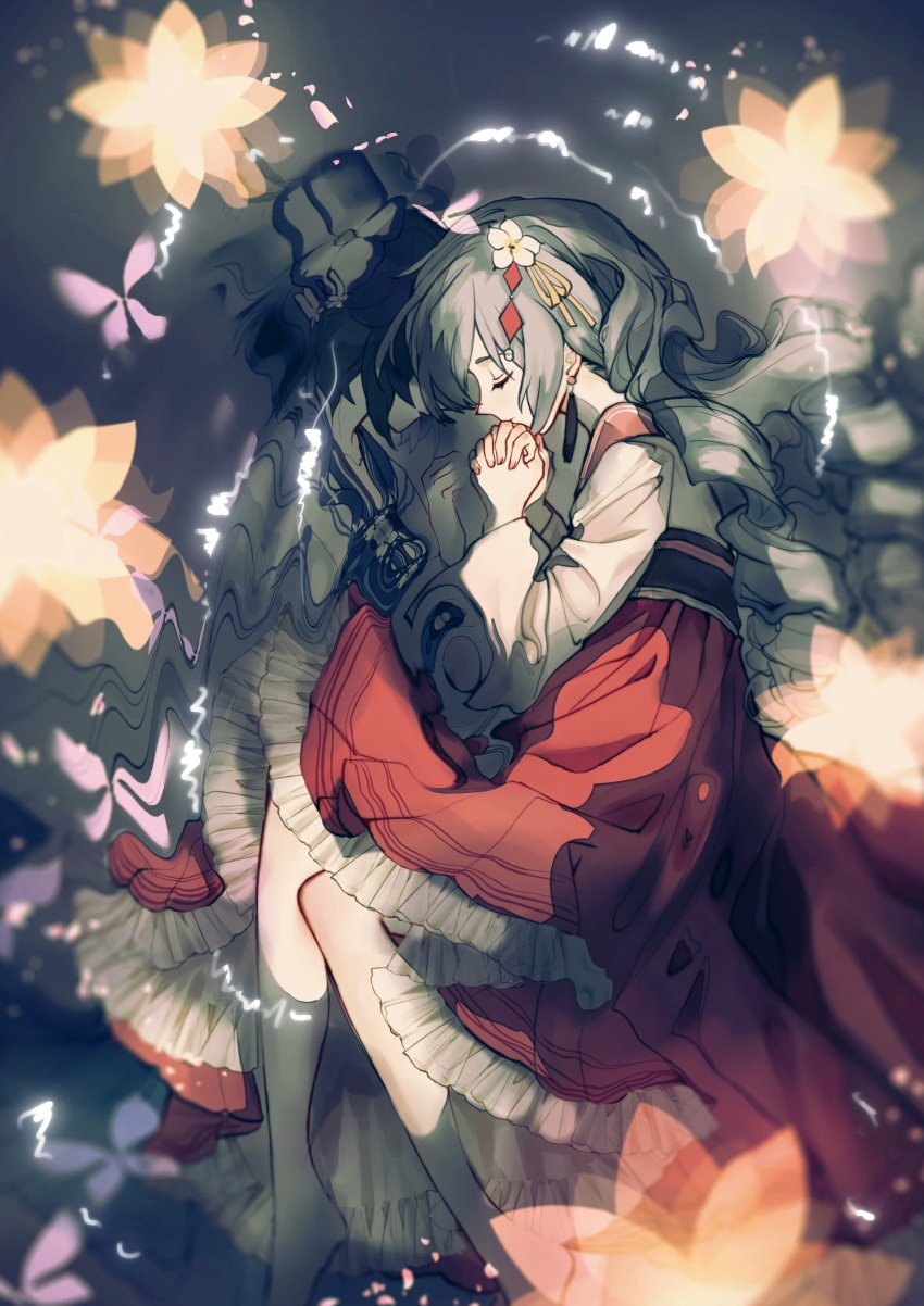 absurdres afloat alternate_costume bare_legs bronya_rand bug butterfly chinese_commentary closed_eyes closed_mouth dress earrings fetal_position flower grey_hair hair_flower hair_ornament highres honkai:_star_rail honkai_(series) interlocked_fingers jewelry long_hair long_sleeves mie_xing red_dress seele_(honkai:_star_rail) solo_focus water white_sleeves